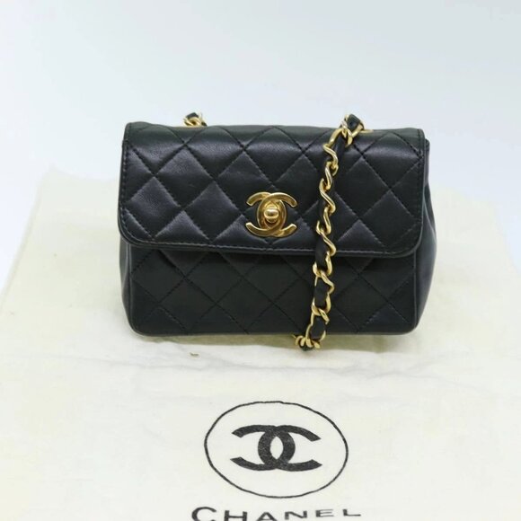 CHANEL Mini Matelasse Turn Lock Chain Bag Lamb Skin Black CC Auth 72435AV - Picture 10 of 15